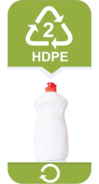 <strong>Polietylen dużej gęstości</strong></br> • bezpieczny do przechowywania żywności plastik</br> • nadaje się do wielokrotnego użytku</br> Wykorzystywany do produkcji butelek na mleko, opakowań na chemię gospodarczej, kontenerów na śmieci oraz rur. Nadaje się do recyklingu.
